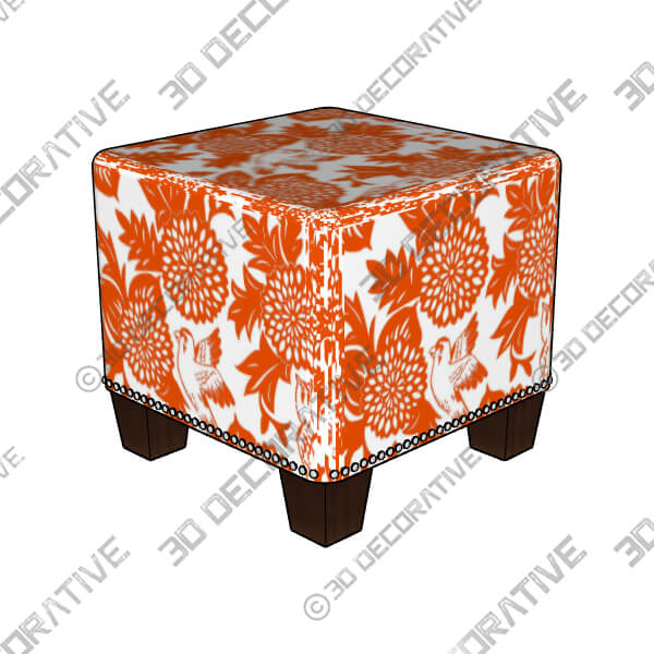 Wilding Garden Bird Orange Fabric Nail Button Square Ottoman-3DDecorative Wilding Garden Bird Orange Fabric Nail Button Square Ottoman - 3D Decorative